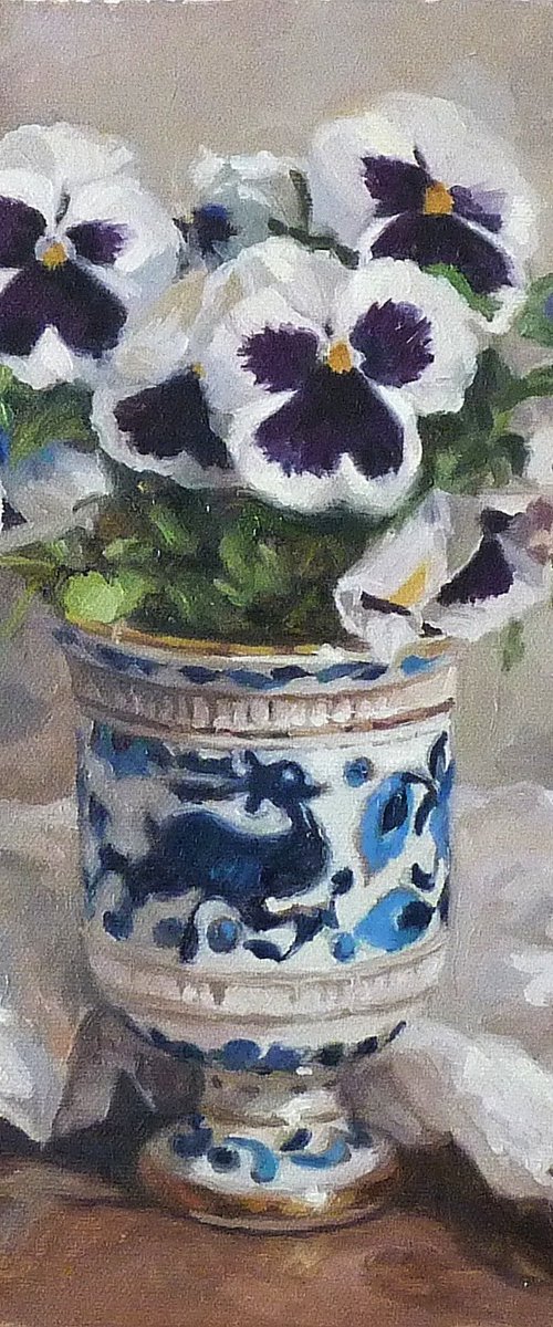 Pansies in a Porcelain Vase by Radosveta Zhelyazkova