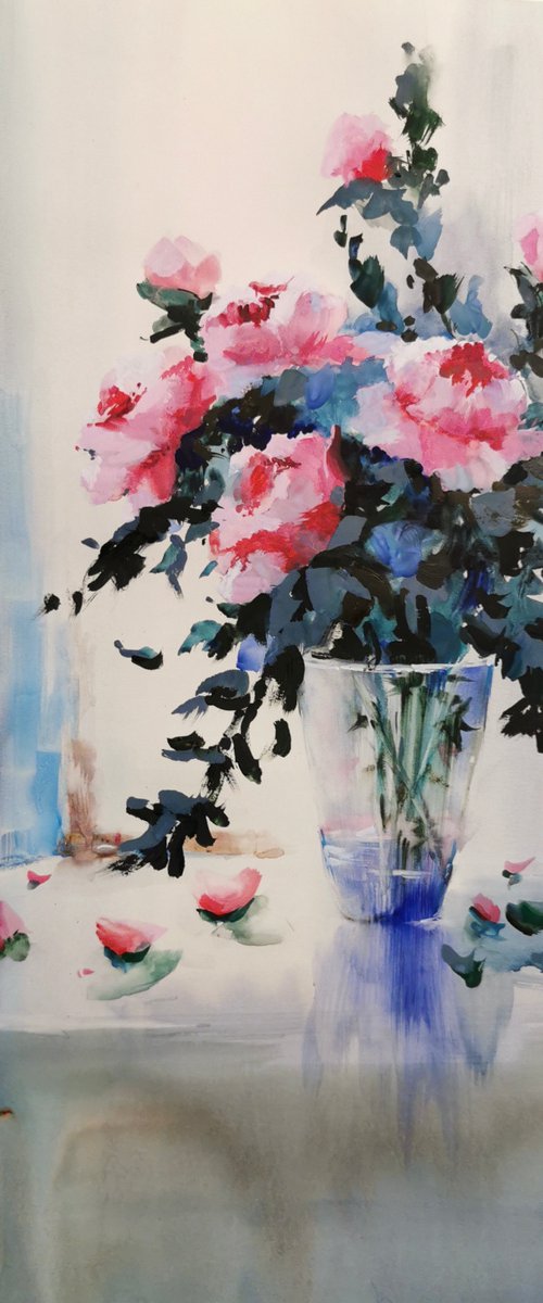 Watercolor “Still life. Peonies perfume” perfect gift by Iulia Carchelan