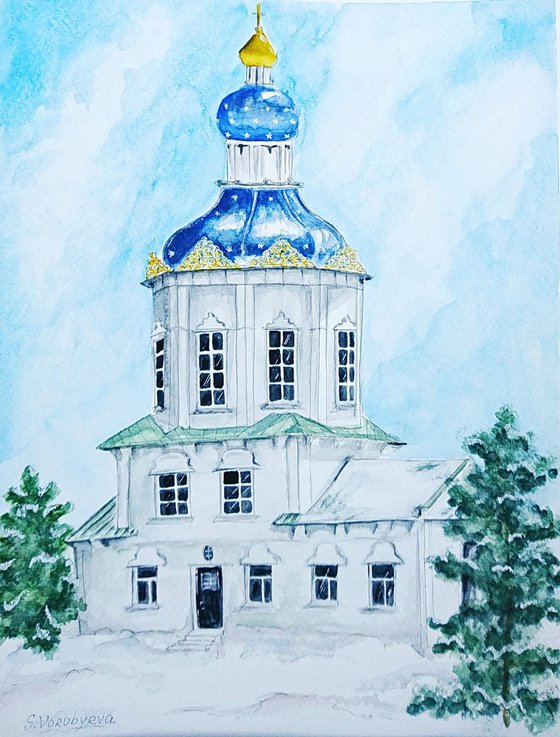 Church. Original watercolor painting by Svetlana Vorobyeva