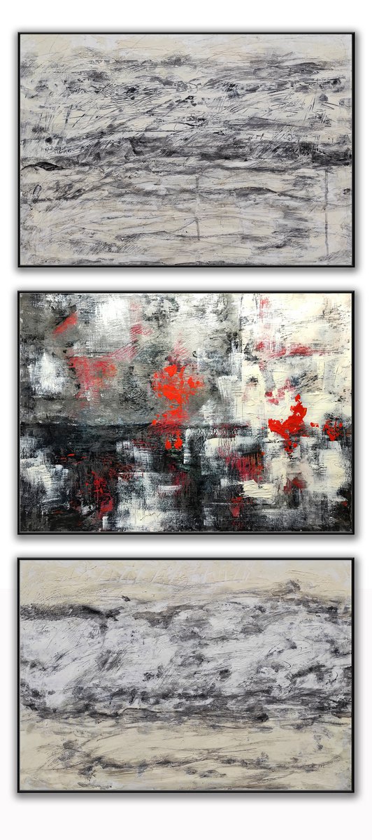 Monochrome beige and red abstract triptych Modern Trinity by Maria Svetlakova