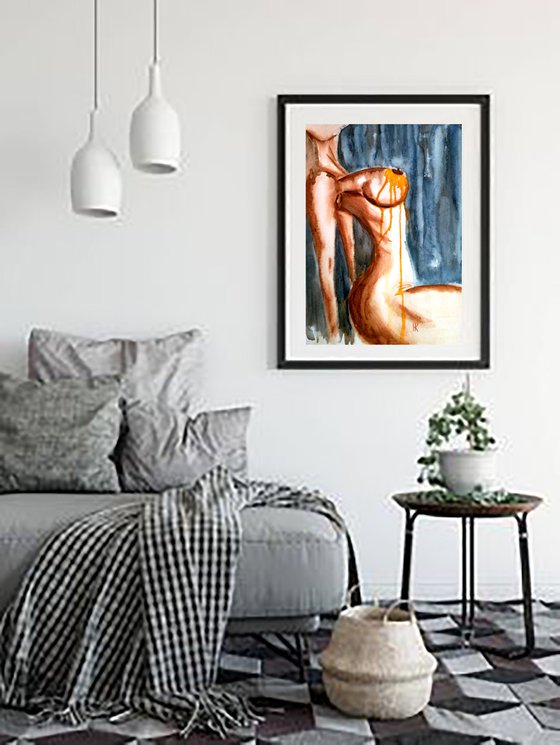 Nude Painting Woman Original Art Female Sitting Nude Watercolor Woman's Breast Small Erotic Home Wall Art 12 by 17" by Halyna Kirichenko