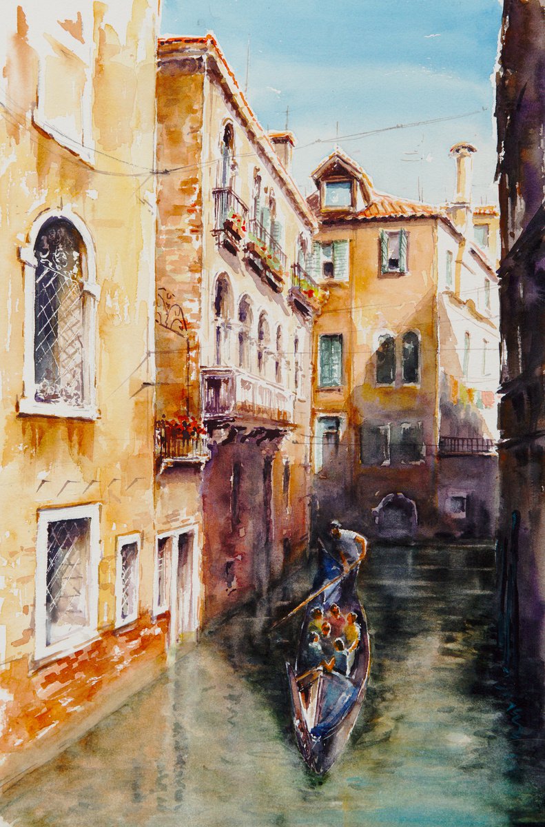 Impressionistic Cityscapes Watercolour By Eve Mazur, 11 X 16, Canal In Venice, Original Artwork