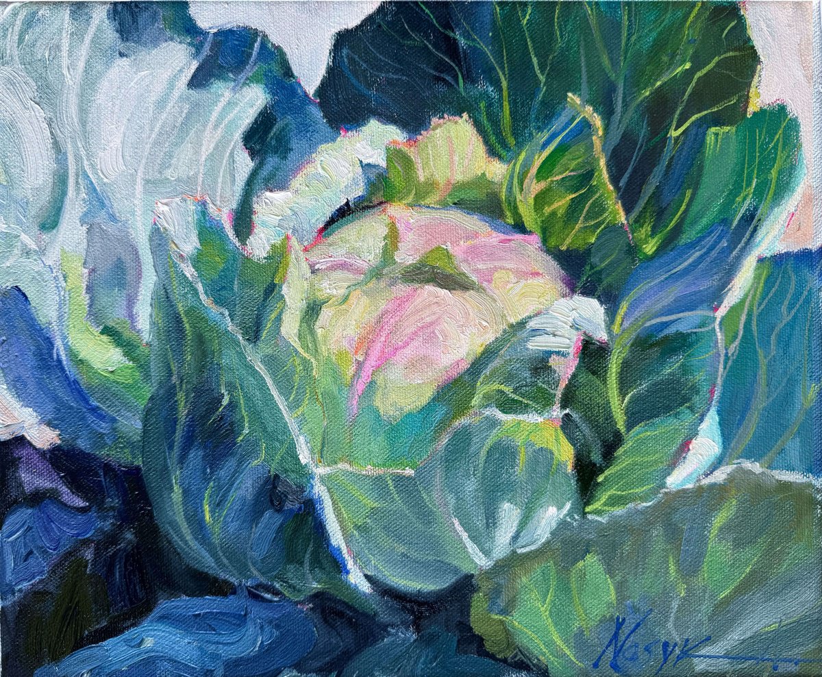 Impressionistic Botanical Oil Painting By Nataliia Nosyk, 12 X 10", The Cabbage #4, Original Artwork