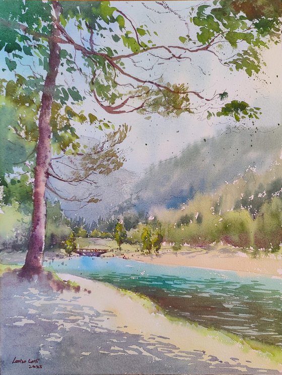 Lake Jasna, Slovenia Original watercolor painting (2023), Mountains lake art