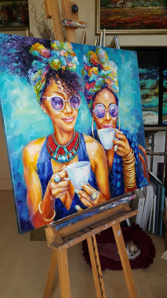 Painting " Girlfriends ", abstract impresionistic portrait artwork, oil, canvas