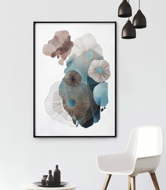 "Golden molecules 2" Blue gold abstract art
