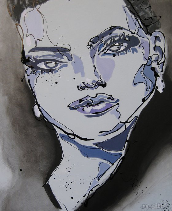 Boss lady in art: "Rhea", abstract portrait painting in dark greytones 100 x 81 cm