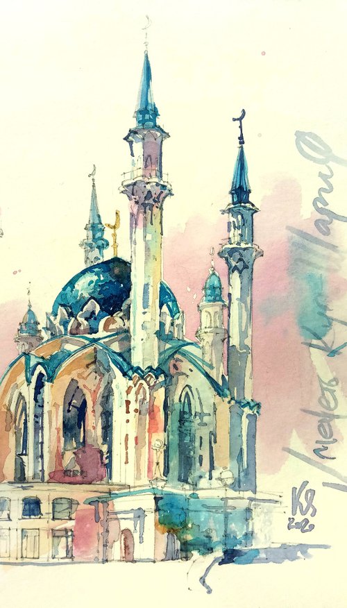 "Kul Sharif Mosque, Kazan, Russia" architectural landscape - Original watercolor painting by Ksenia Selianko