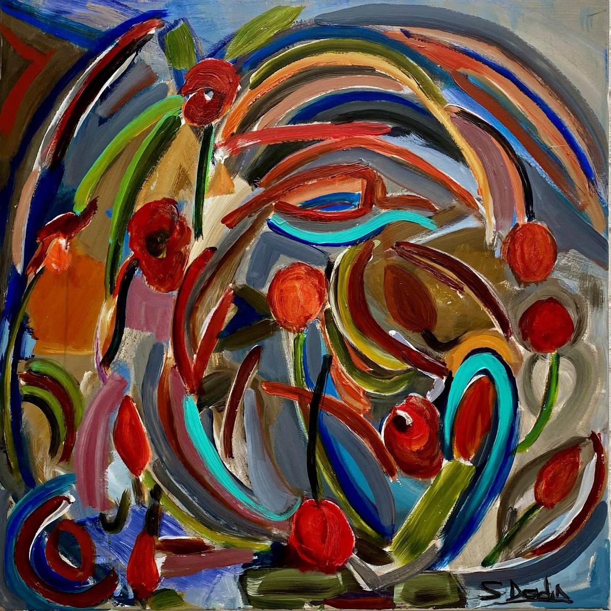 Abstract Acrylic Painting By Sylvie Dodin, 39 X 39", Maelstrom Blue & Red, Original Artwork