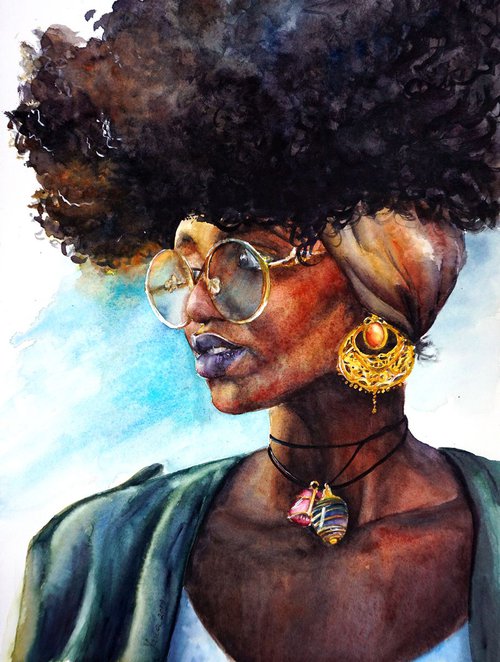 ORIGINAL Watercolor Portrait of Beautiful Woman - African American Art by Yana Shvets