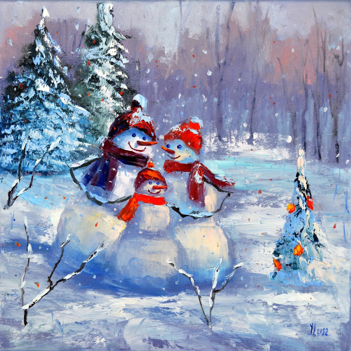 Impressionistic Landscape Oil Painting By Elena Lukina, 12 X 12, Snowman Family, Original Artwork