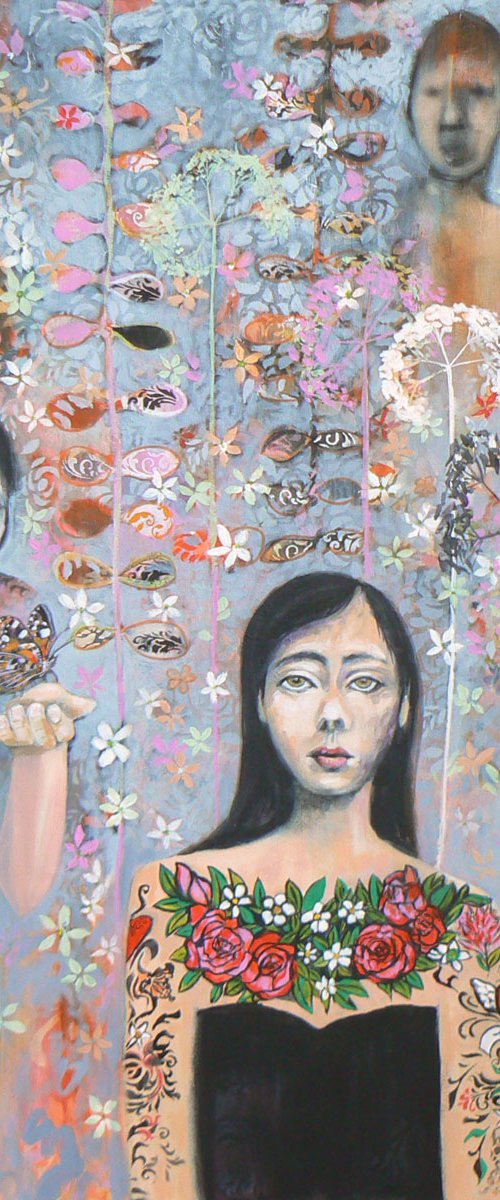 The Painted Lady (Large contemporary semi figurative painting, featuring a painted lady butterfly and tattoos) by Carolynne Coulson