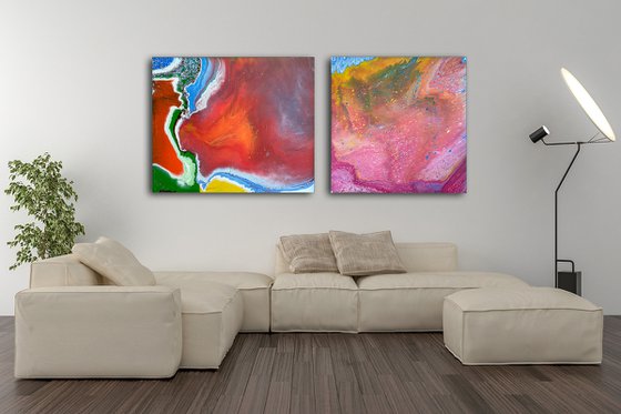 "Cracks and Bubbles" - Save As A Series - Original Large PMS Abstract Diptych Fluid Acrylic Paintings On Canvas - 66" x 30"