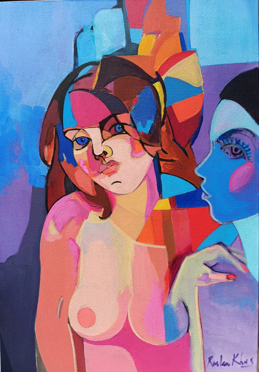 Urban And Pop Portrait Acrylic Painting By Ruslan Khais, 30 X 45", Other Side Of A Mirror, Original Artwork