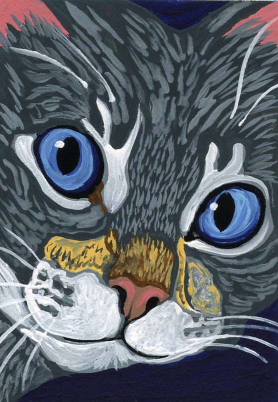 ACEO ATC Original Miniature Painting Gray Tabby Cat Pet Feline Art-Carla Smale