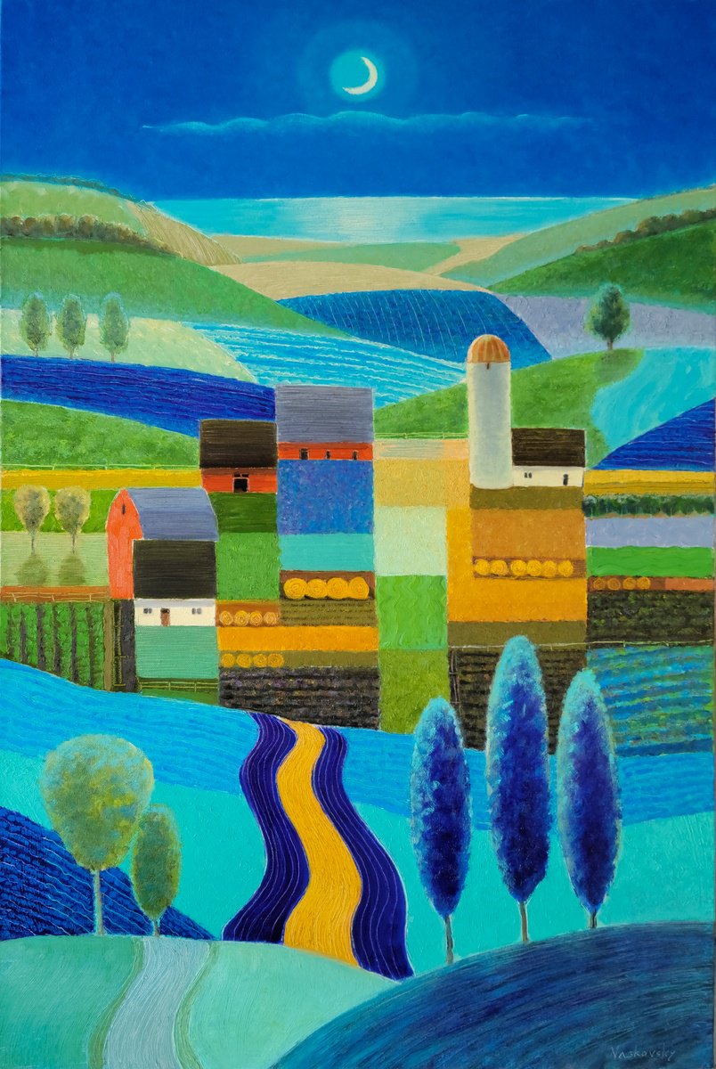Naive Oil Painting , Prince Edward County Farm At Night By Vadim Vaskovsky, 24 X 36, Artwork For Sale On Artfinder