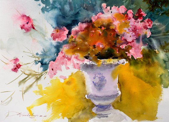 Flowers in a marble vase. Watercolor on paper.