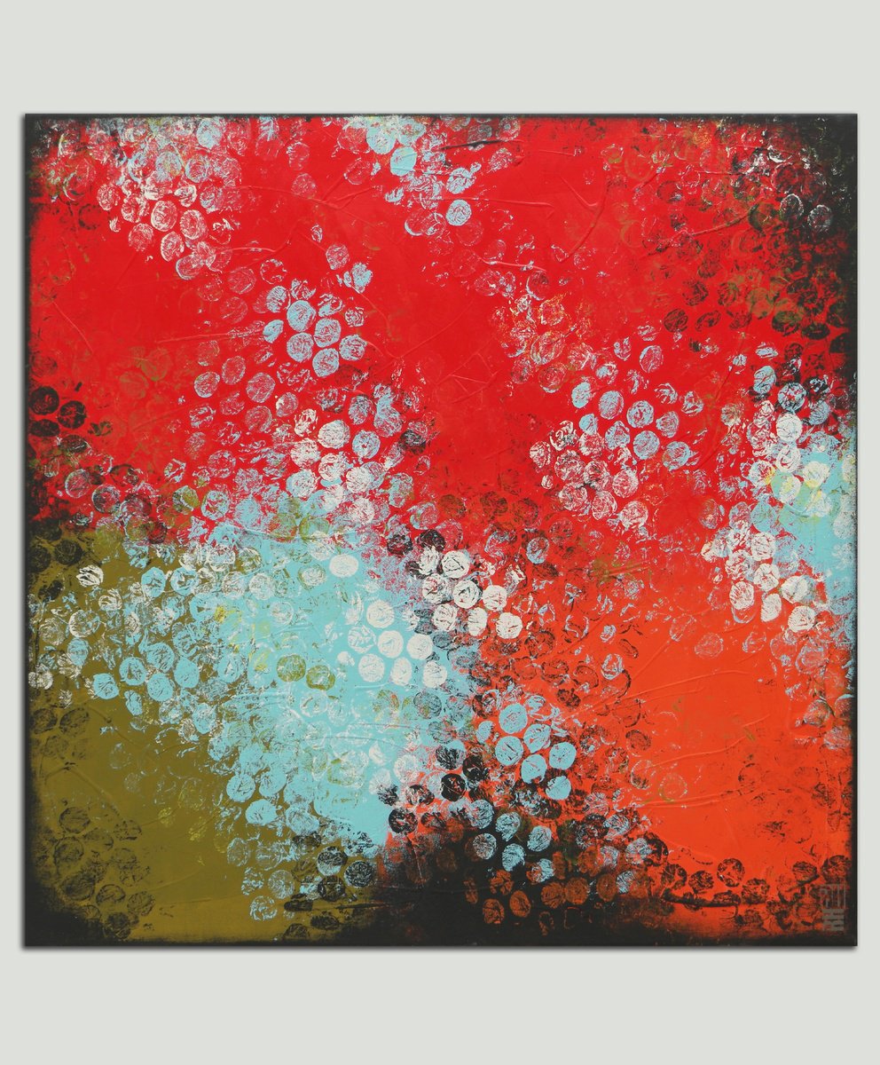 Abstract Acrylic Painting By Ronald Hunter, 35 X 35", Boiling Bubbles Red &Amp; Blue, Original Artwork