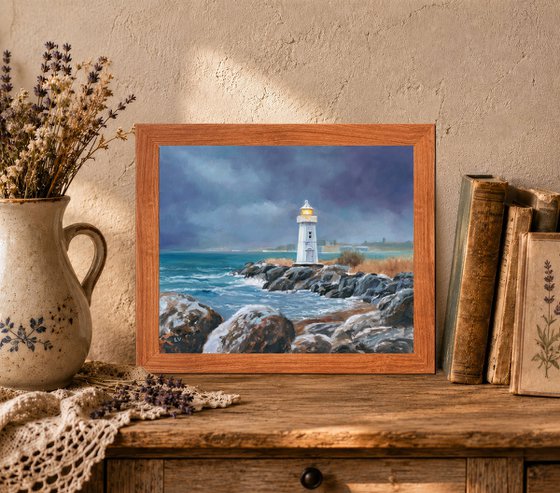 Lighthouse in blue-gray sky