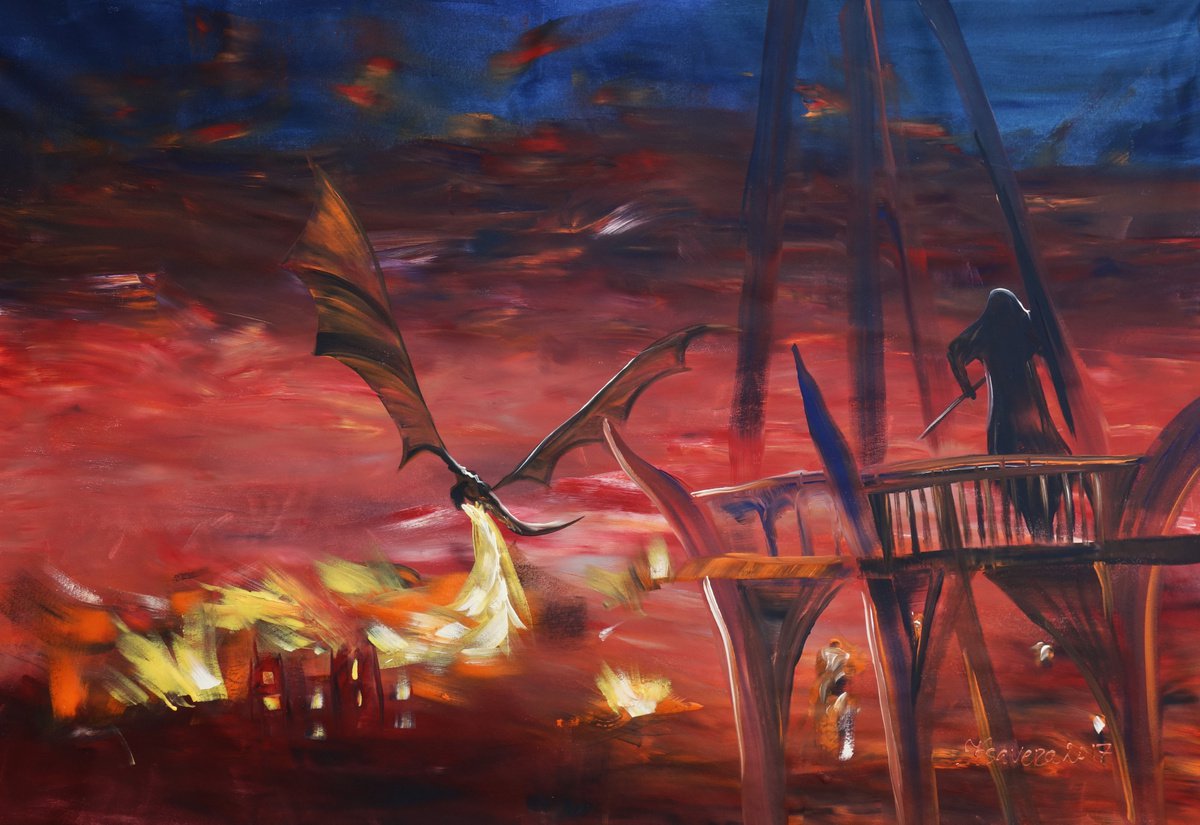 Dragon Smaug attacks Lake-town 110x160 cm S053 Large impressionism acrylic painting on uns... by Ksavera