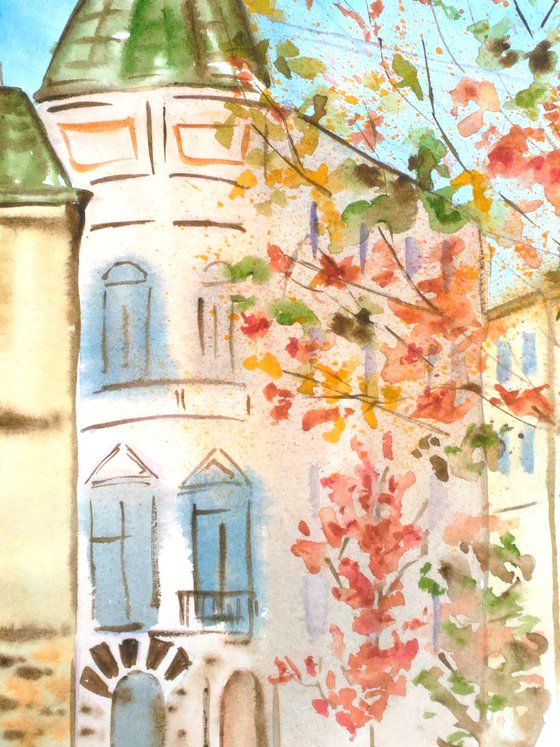 Lviv Painting Ukraine Original Art Fall Small Watercolor Artwork Cityscape Wall Art 8 by 12" by Halyna Kirichenko