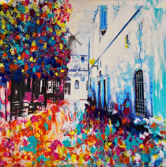 Abstract painting for home and for office Mix media painting of a cityscape
