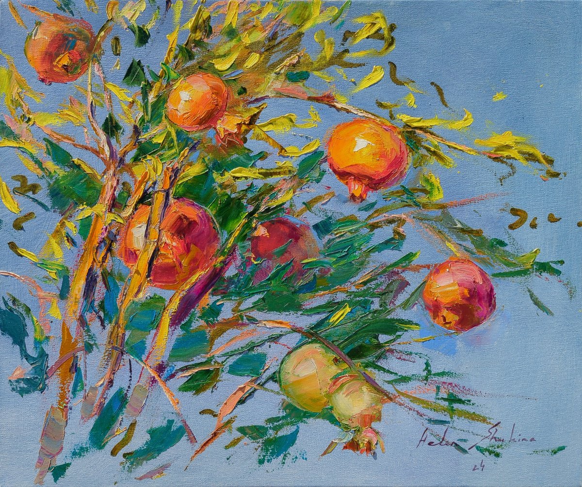 Expressive Botanical Oil Painting By Helen Shukina, 24 X 20, Pomegranate On Gray Blue, Original Artwork