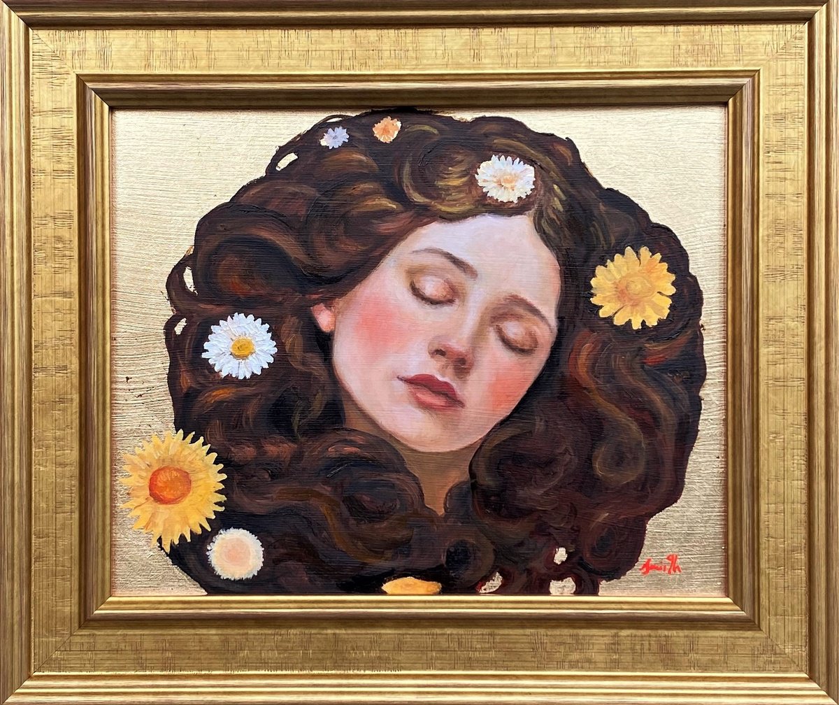 Dream of Flowers: Gold leaf oil portrait with frame. by Jackie Smith