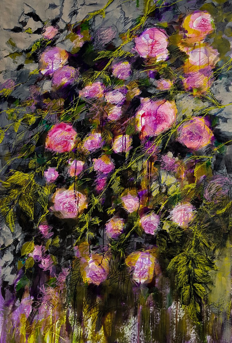 Expressive Botanical Painting By Fabienne Monestier, 35 X 51, Roses, Again And Again !, Original Artwork