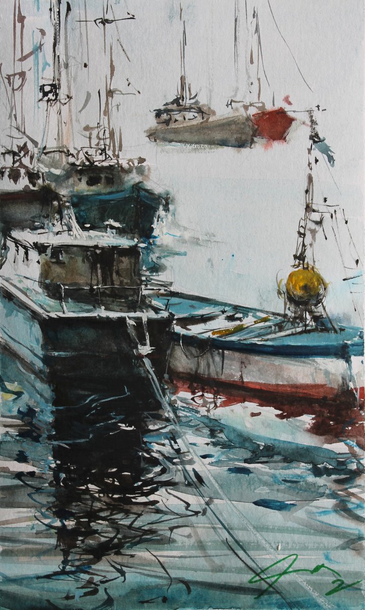 Impressionistic Landscape Watercolour By Maximo Damico, 6 X 11", Amalfi Boats, Original Artwork