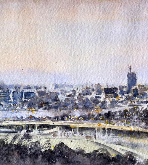 Ski trail panoramic view of Belgrade 17x36 2020 by Nenad Kojić watercolorist