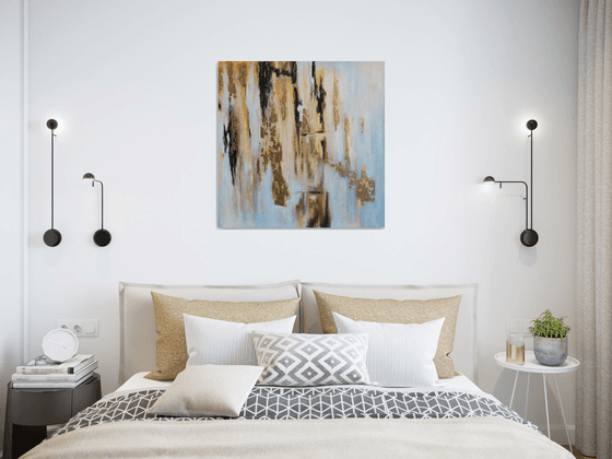 Scandinavia, Abstract Painting Grey Black Gold Wall Art Abstract Cityscape Artwork 70x70 cm ready to hang