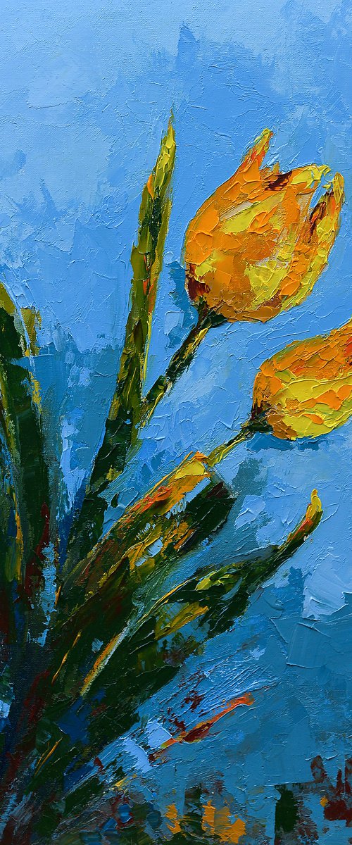 Yellow tulip flowers. Original oil painting for her. Flowers for gift by Marinko Šaric