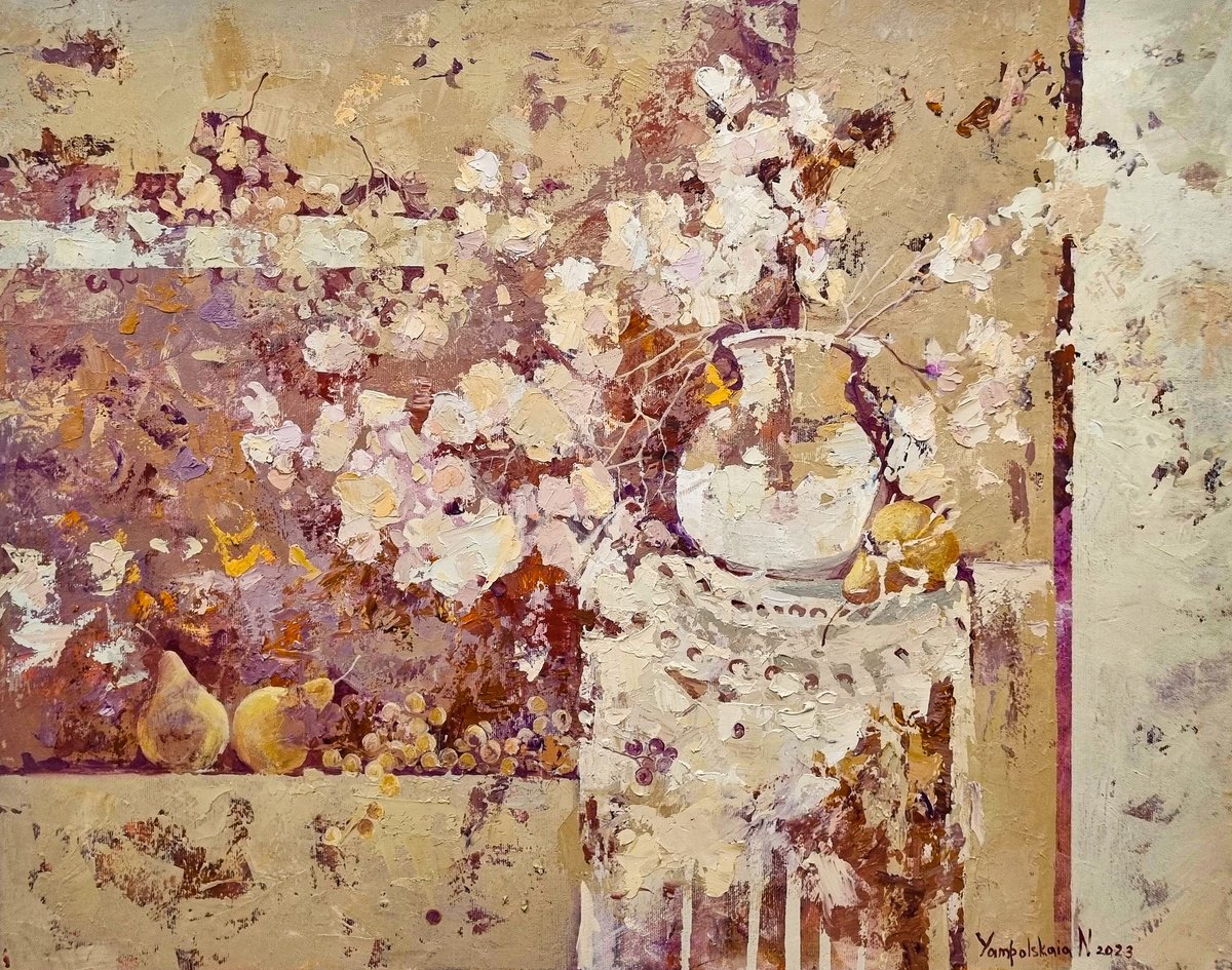 Impressionistic Still Life Oil Painting By Natalia Yampolskaia, 28 X 22", Pears, Original Artwork
