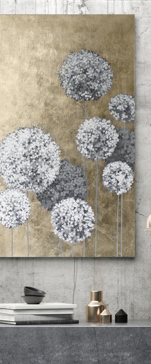 "Gold Flower Balls" Abstract gold gray art by Marine Boiko