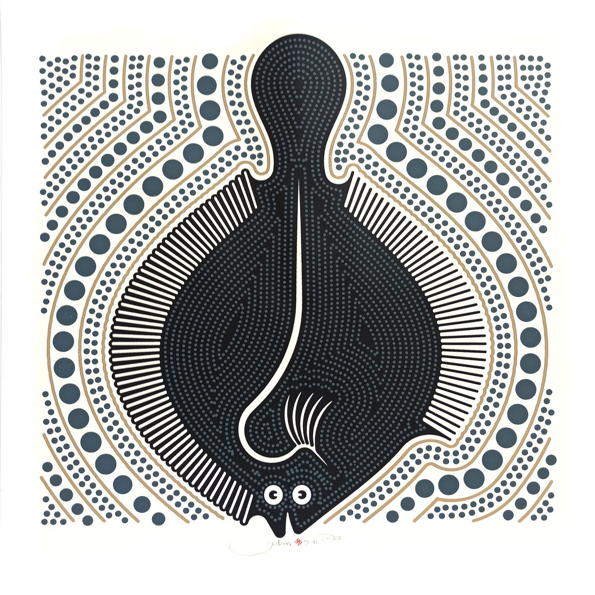 Graphic Animal Screenprint By Gokhan Okur, 28 X 28, Aboriginal Square Fluke Fish, Original Artwork