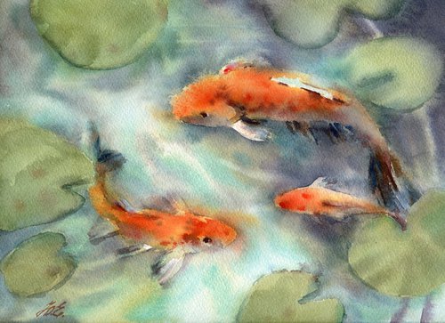 Koi fish in watercolor Bright natural pond by Yulia Evsyukova