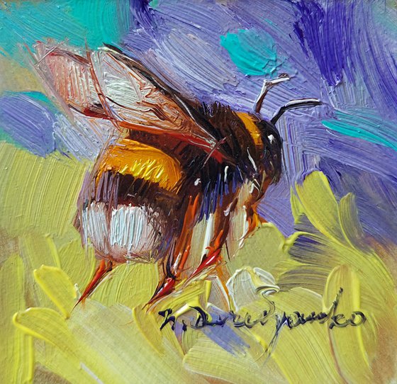 Bumblebee artwork blue turquoise oil painting original 2x2, Bumblebee home decor wall art mini painting funny gift - Born to bee real