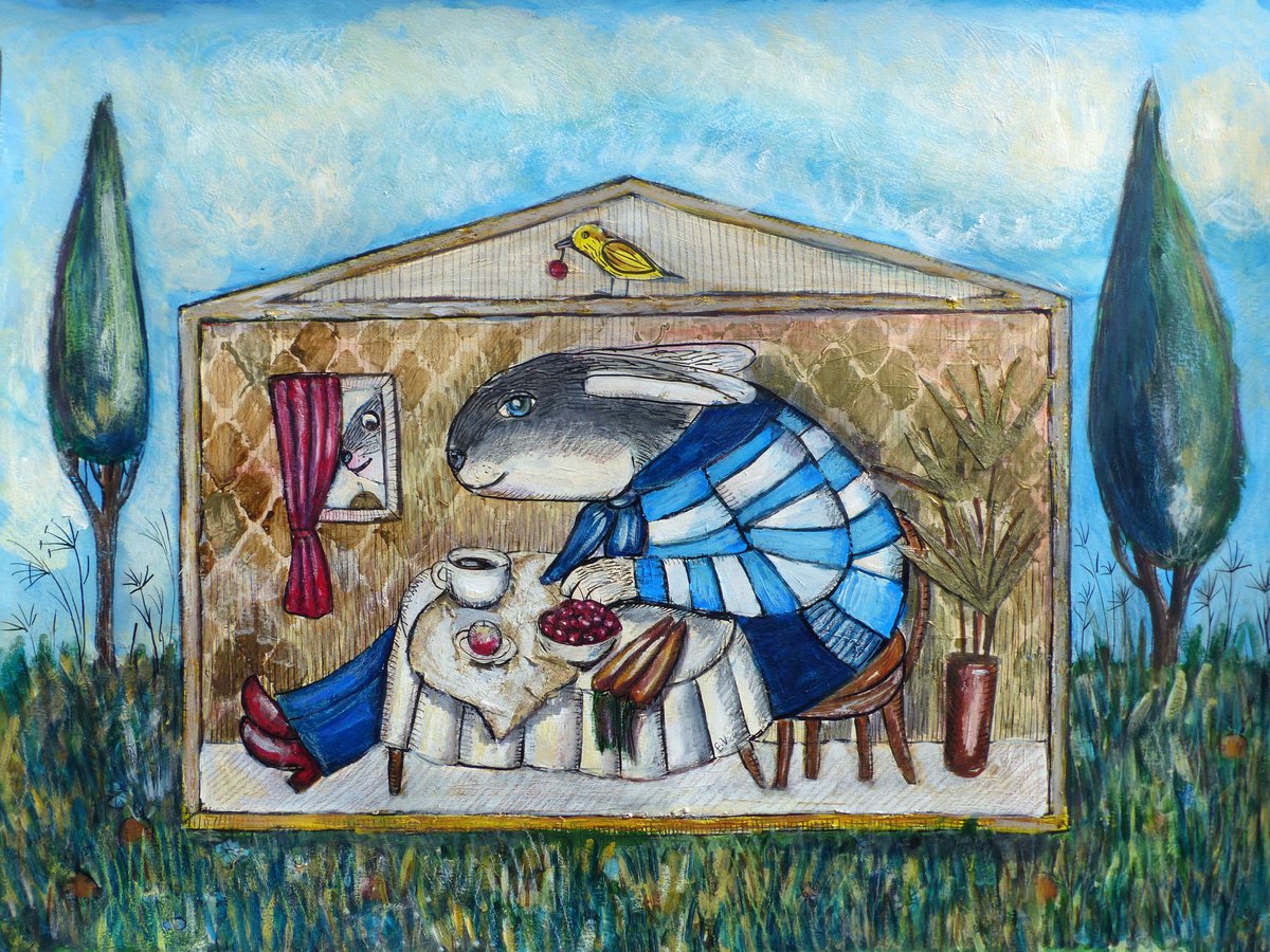 Naive Animal Painting By Elizabeth Vlasova, 24 X 18, Morning Tea, Original Artwork