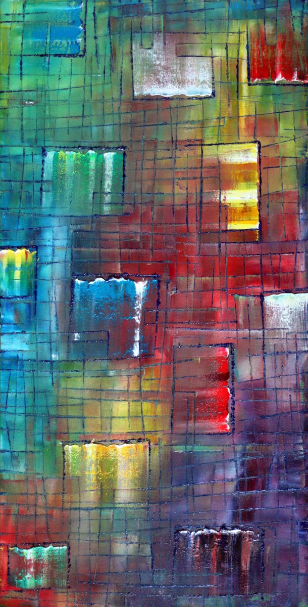 Geometric Abstract Oil Painting By Preston M. Smith (Pms), 18 X 36", "Memory Lane", Original Artwork