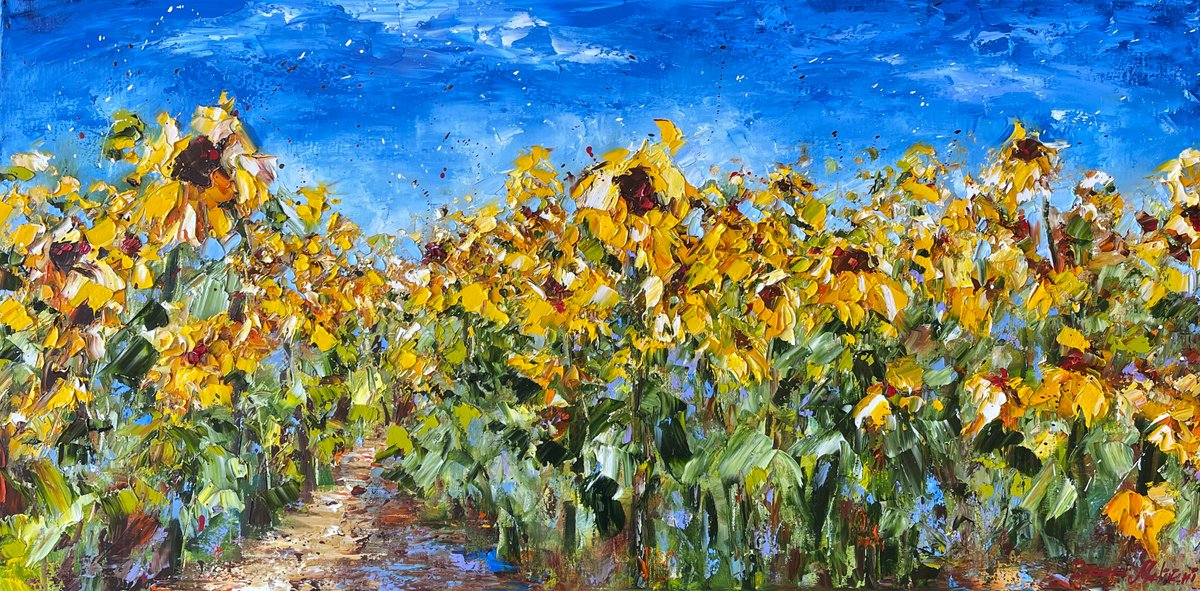 Impressionistic Landscape Oil Painting By Diana Malivani, 39 X 20, Girasoli, Original Artwork
