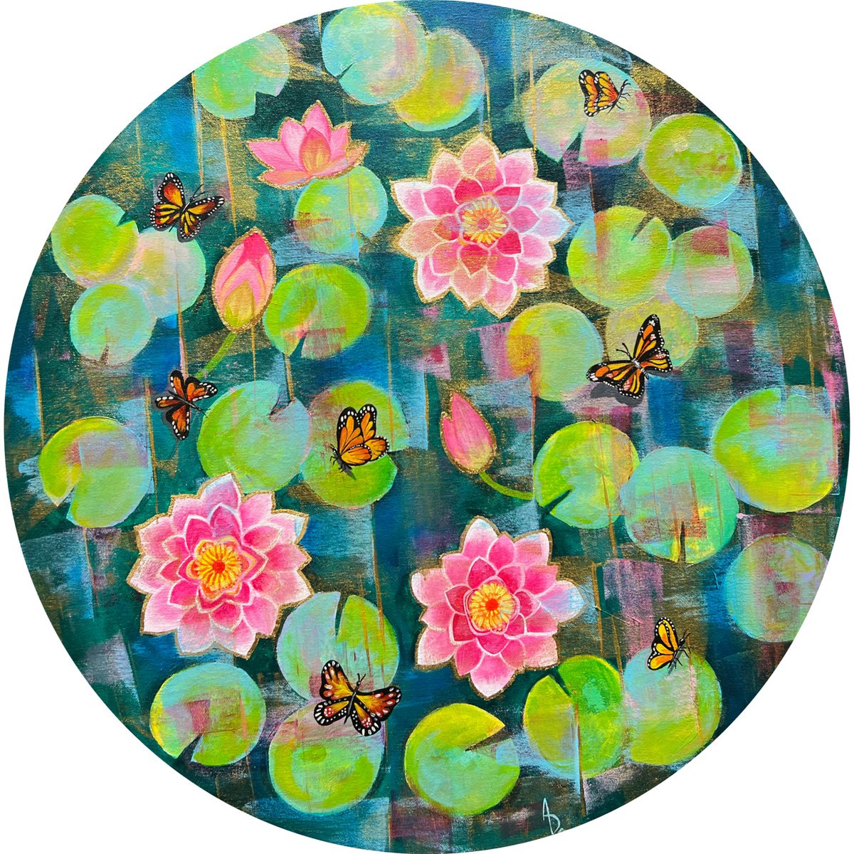 Organic Botanical Painting By Amita Dand, 24 X 24, Water Lilies And Butterflies, Original Artwork