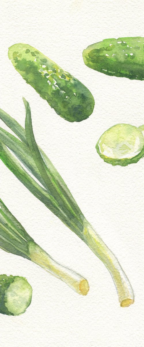 Veggies 1. Cucumbers and green onion / Original kitchen watercolor Vegetables on a white background by Olha Malko