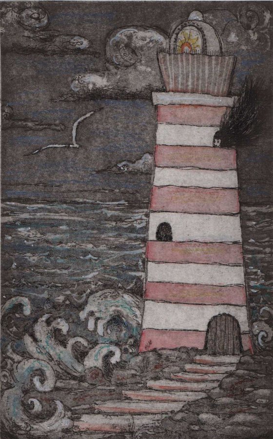 Lighthouse Keeper gorgeous hand colored limited edition etching hand colored with poem