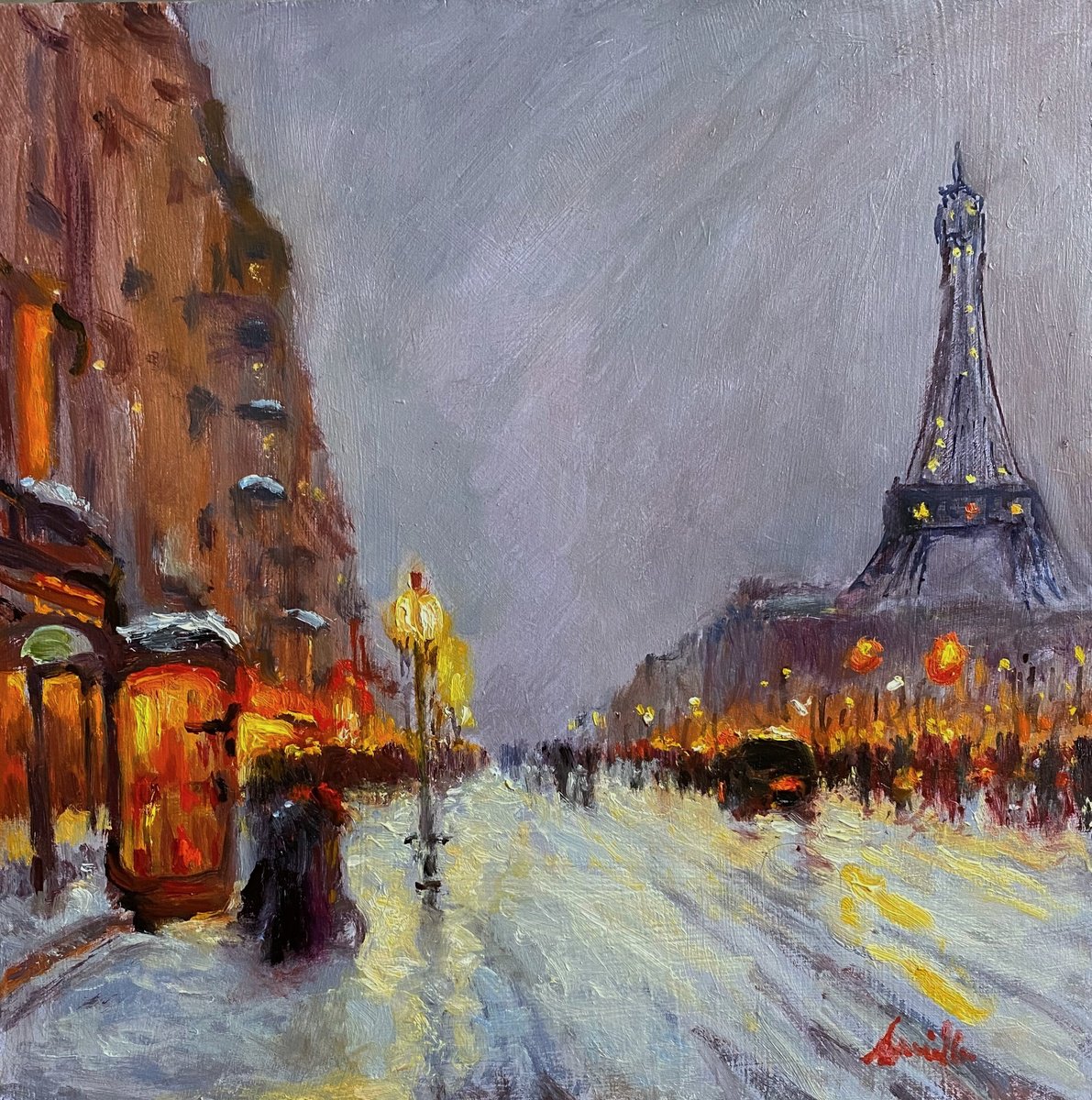 Paris in the snow with the Eiffel Tower. Original Cityscape Oil Painting. by Jackie Smith