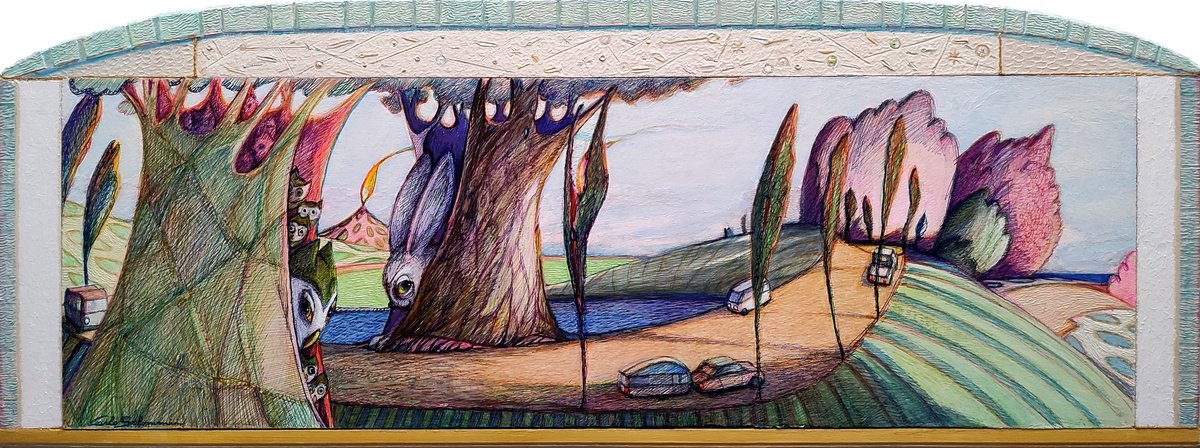 Illustrative Landscape Painting By Carlo Salomoni, 35 X 13, Through The Valley Of The Giants !, Original Artwork