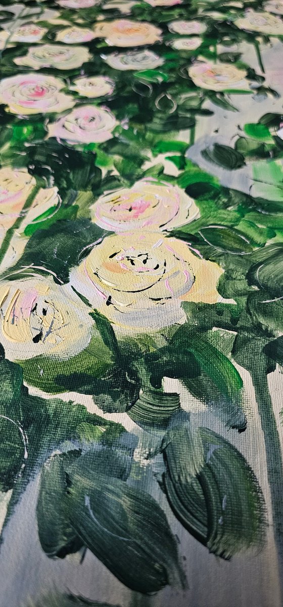 Blooming abstract rose garden in pale yellow