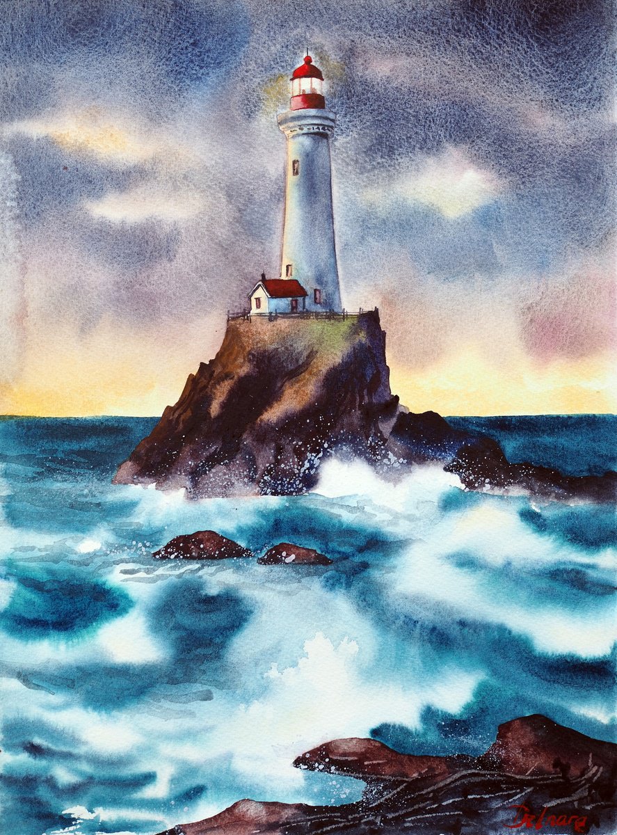 Impressionistic Landscape Watercolour By Delnara El, 11 X 15, Lighthouse And Waves, Original Artwork