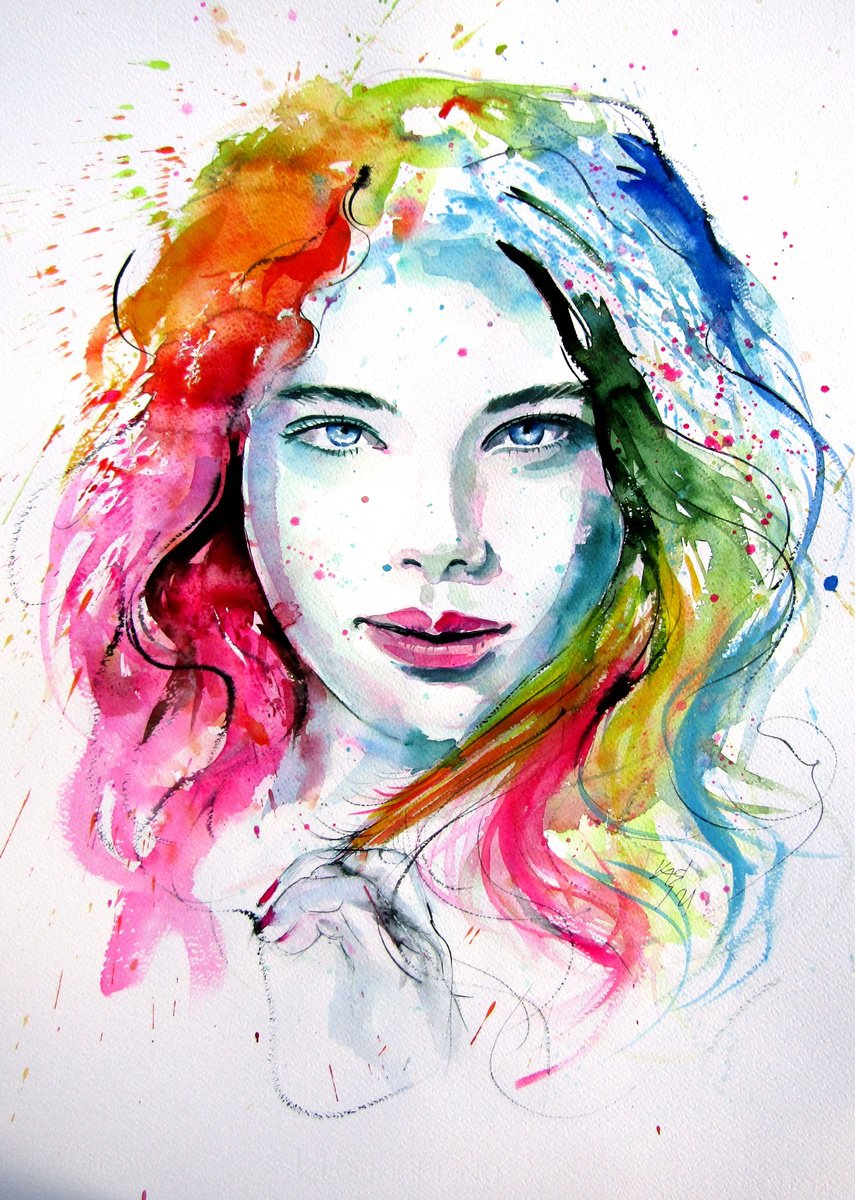 Impressionistic Watercolour , Charming Girl Viii By Kovacs Anna Brigitta, 20 X 28, Artwork For Sale On Artfinder