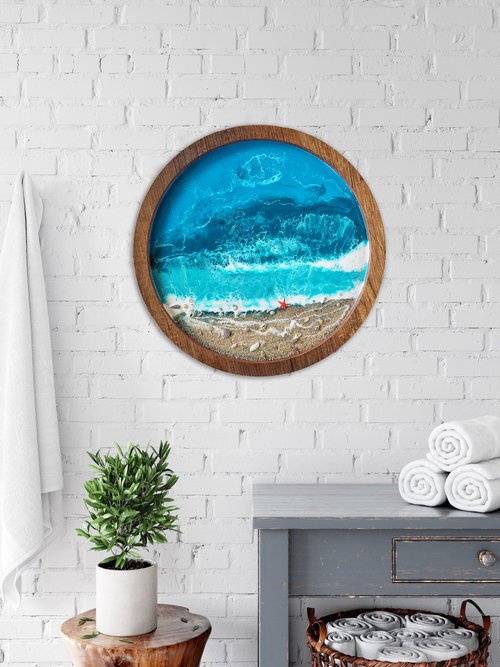 Starfish beach - original seascape 3d resin artwork, framed, ready to hang by Delnara El